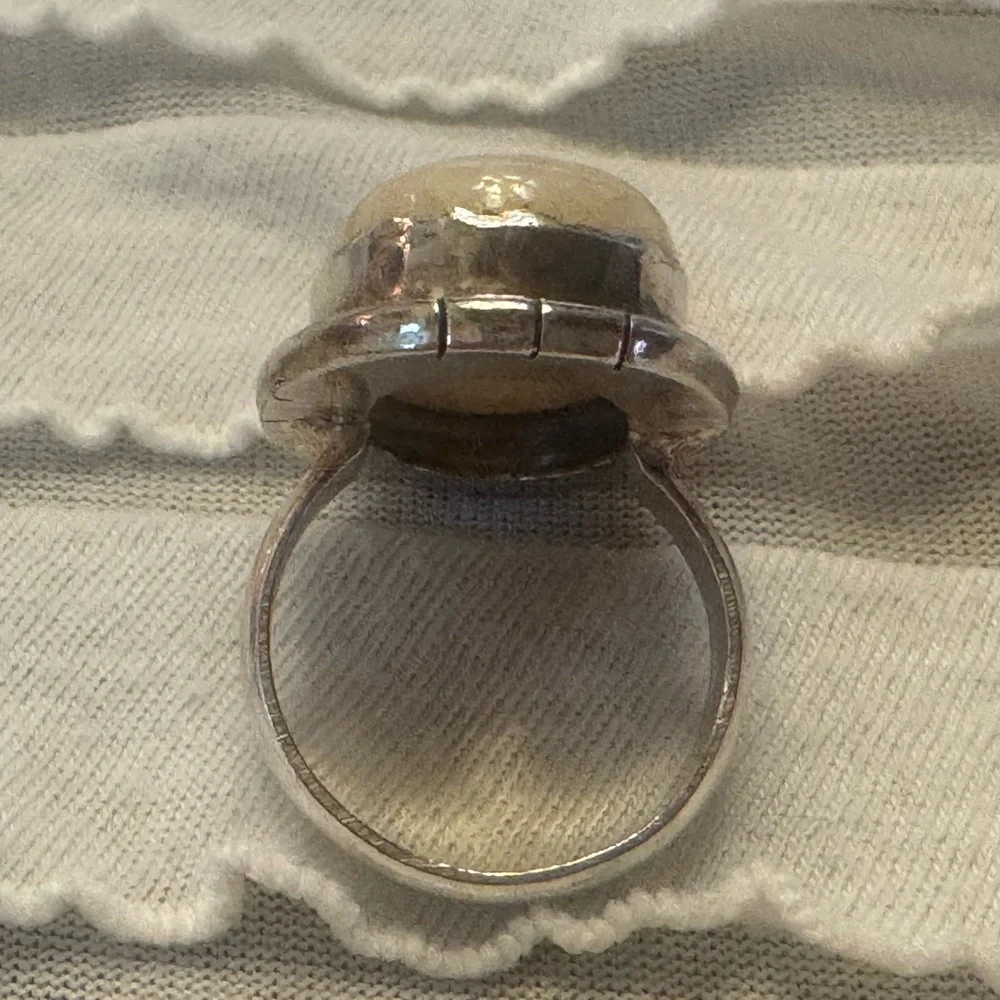 Vintage Oval Cream Tan Moonstone Ring Set in 925 Sterling Silver Sz 6.5 Boho